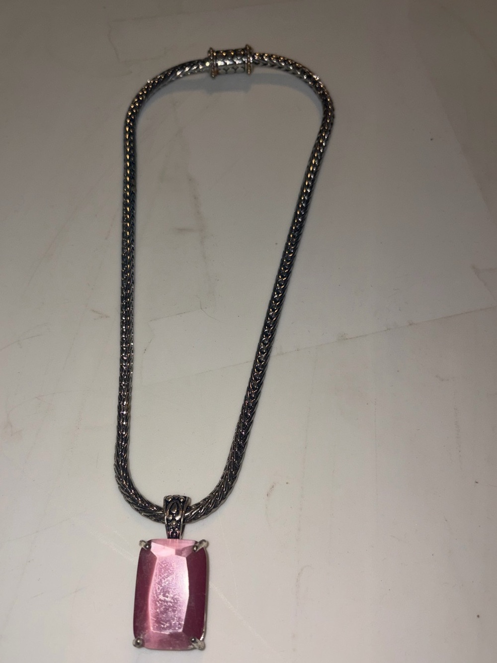 Unmarked Silver-Tone Woven Chain Necklace Large Faceted Pink Stone Pendant 67g